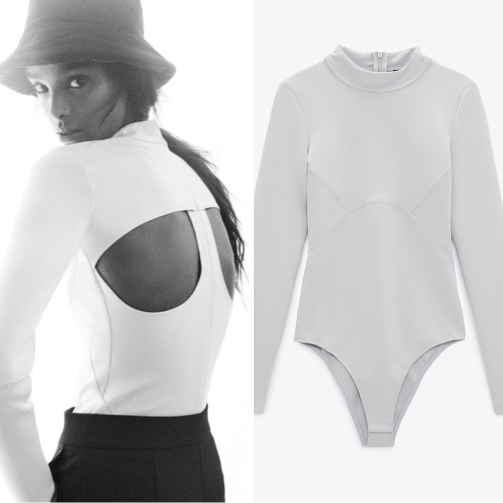 Zara neoprene long sleeve bodysuit with cut out detail 🤍 light grey XL